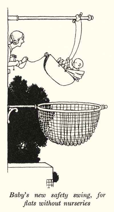 Nová bezpečnostní houpačka pro miminko, do bytu bez jeslí (litho) od William Heath Robinson