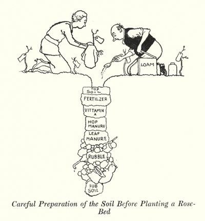 Pečlivá příprava půdy před výsadbou záhonu růží (litho) od William Heath Robinson