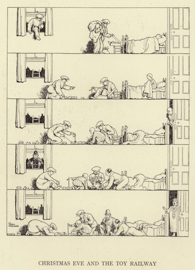 Štědrý den a železnice s hračkami od William Heath Robinson