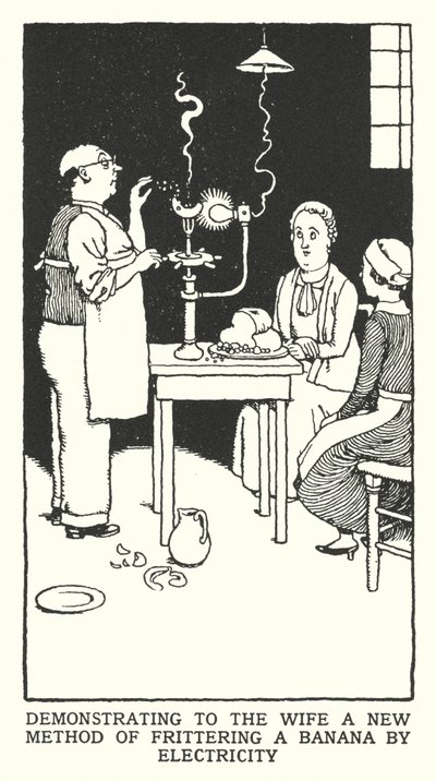 Ukázat manželce nový způsob smažení banánů elektřinou (litho) od William Heath Robinson