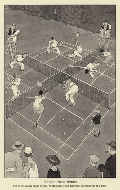 Dvojitý krosový tenis pro úsporu místa na místních turnajích a obecně pro zpestření hry od William Heath Robinson