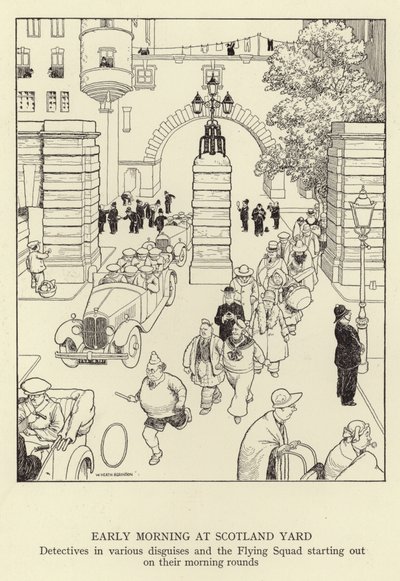 Brzy ráno ve Scotland Yardu vyrážejí detektivové v různých převlecích a Flying Squad na ranní obchůzky od William Heath Robinson