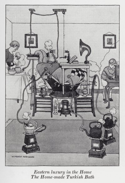 Východní luxus v domově, domácí turecké lázně (litho) od William Heath Robinson