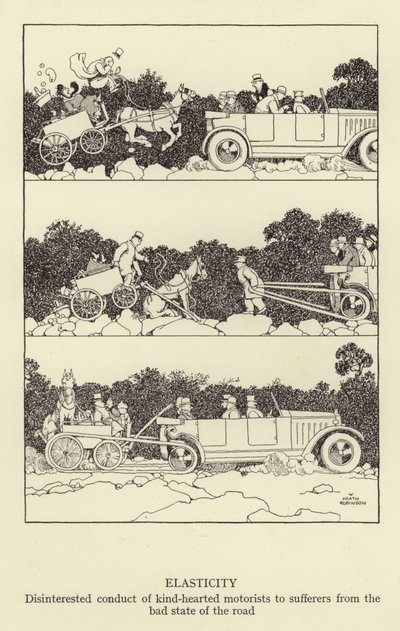 Elasticita, nezaujaté chování dobrosrdečných motoristů k postiženým špatným stavem vozovky od William Heath Robinson