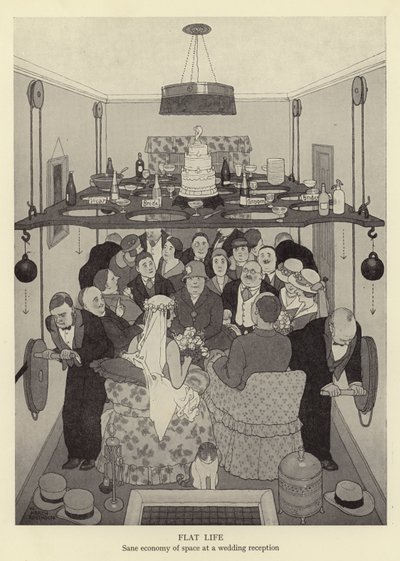Plochý život, rozumná úspora prostoru na svatební hostině od William Heath Robinson