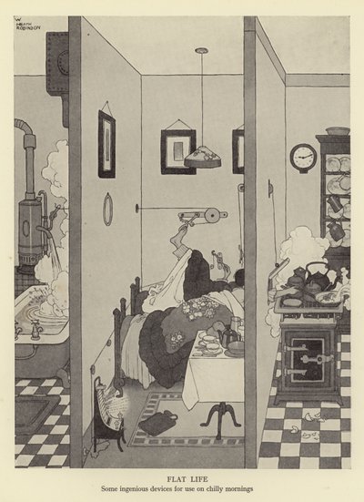 Plochý život, několik důmyslných zařízení pro použití v chladných ránech od William Heath Robinson