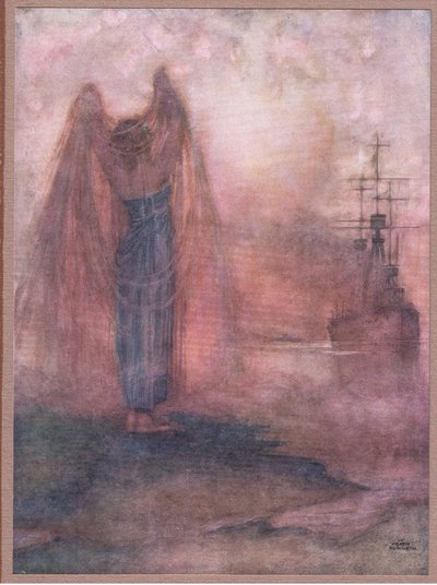 Halifax. Do mlhy vysuly mé přídě strážce od William Heath Robinson