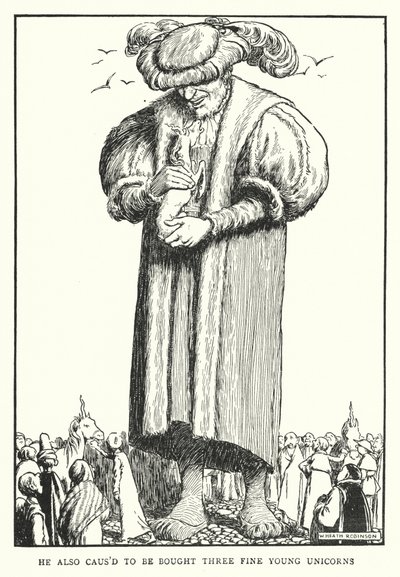 Také způsobil, že si koupil tři krásné mladé jednorožce (litho) od William Heath Robinson