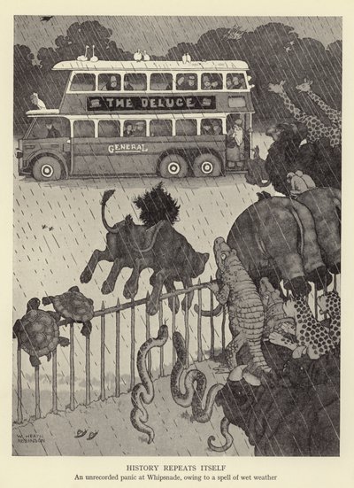 Historie se opakuje, nezaznamenaná panika ve Whipsnade kvůli kouzlu vlhkého počasí od William Heath Robinson