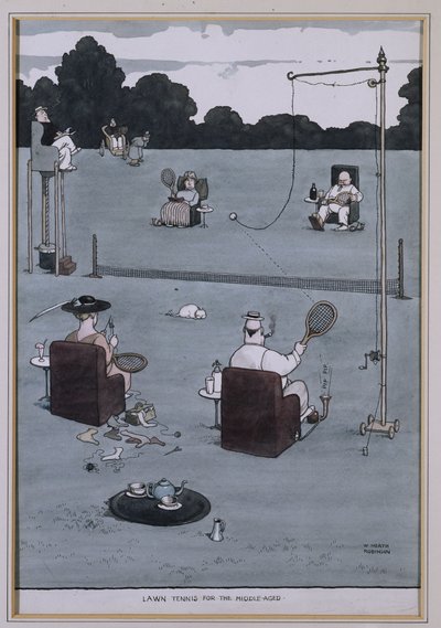 Lawn Tennis pro střední věk (pero, inkoust a w/c) od William Heath Robinson