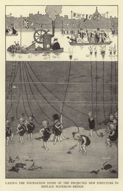 Položení základního kamene projektované nové stavby, která nahradí most Waterloo od William Heath Robinson