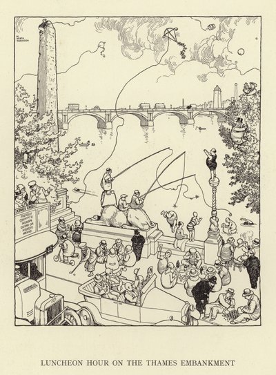 Hodina oběda na nábřeží Temže od William Heath Robinson