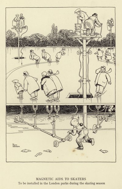 Magnetické pomůcky pro bruslaře, které budou instalovány v londýnských parcích během bruslařské sezóny od William Heath Robinson