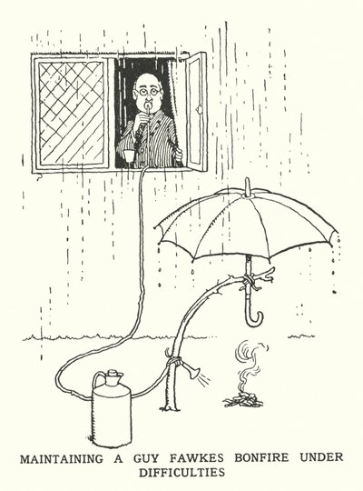 Udržování ohně Guy Fawkes v obtížích (litho) od William Heath Robinson