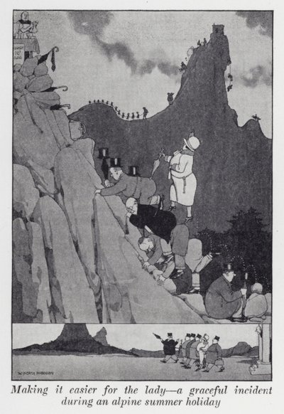 Usnadnění pro dámu, půvabná příhoda během letní dovolené v Alpách (litho) od William Heath Robinson