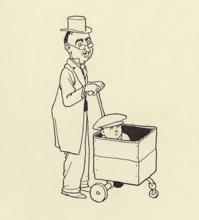 Muž tlačí chlapce v krabici od William Heath Robinson
