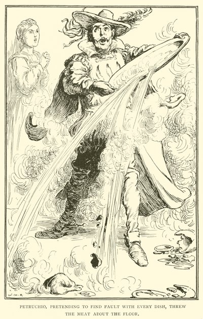 Petruchio předstíral, že se mu každý pokrm nelíbí, a rozhazoval maso po podlaze. od William Heath Robinson