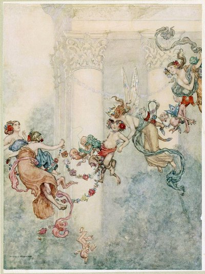 Puk: Nikdy neměla tak sladkého měňavce z hospody Sen noci svatojánské. 1914 od William Heath Robinson