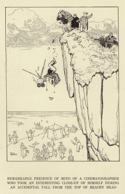 Pozoruhodná duchapřítomnost kameramana, který se při náhodném pádu z vrcholu Beachy Head pořídil zajímavým detailním záběrem od William Heath Robinson