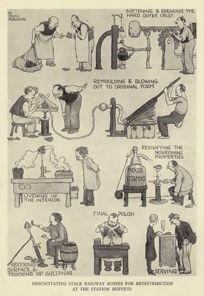 Oživování zatuchlých železničních koláčků na přerozdělení u nádražních bufetů od William Heath Robinson