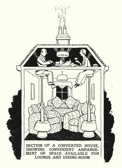 Část přestavěného domu, znázorňující pohodlné uspořádání prostoru dostupného pro salonek a jídelnu (litho) od William Heath Robinson