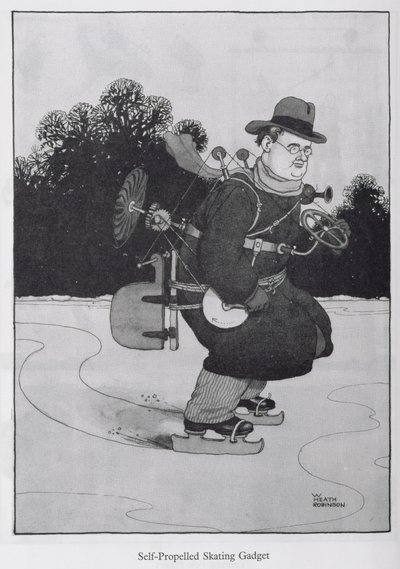 Samohybné brusle, ilustrace z knihy "Vynálezy od William Heath Robinson