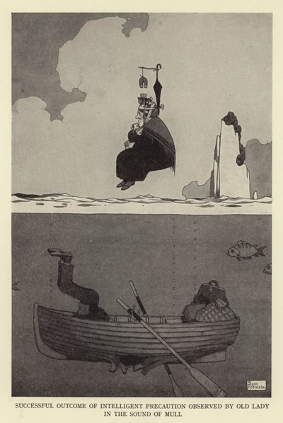 Úspěšný výsledek inteligentní opatrnosti, kterou stará dáma dodržuje při zvuku mull od William Heath Robinson