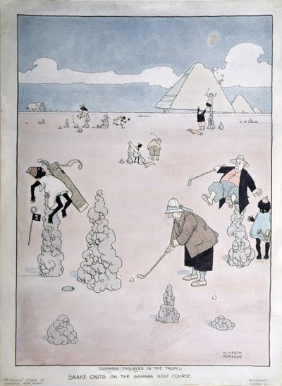 Letní potíže v tropech – vrhání hadů na golfovém hřišti Sahara (pero, inkoust a akvarel) od William Heath Robinson