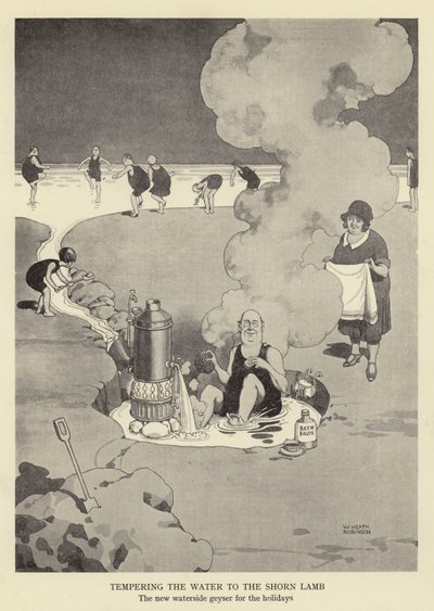 Temperování vody na ostříhané jehně, nový gejzír u vody na prázdniny od William Heath Robinson