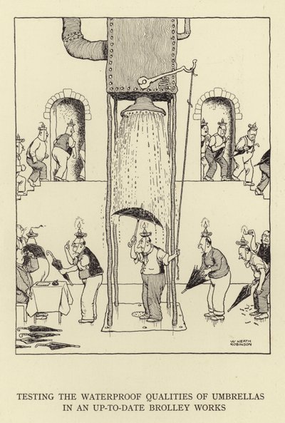 Testování vodotěsných vlastností deštníků v moderním závodě Brolley Works od William Heath Robinson