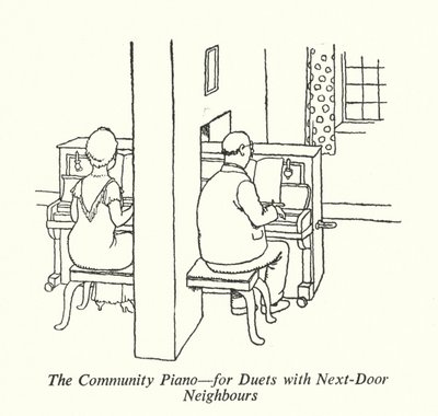Komunitní klavír, pro dueta se sousedy (litho) od William Heath Robinson