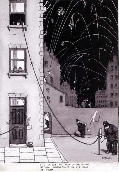 „Nejnovější metoda probouzení speciálních strážníků v hluboké noci“, ilustrace k „Inventions“, Duckworth 1973 (pero a inkoust, akvarel) od William Heath Robinson