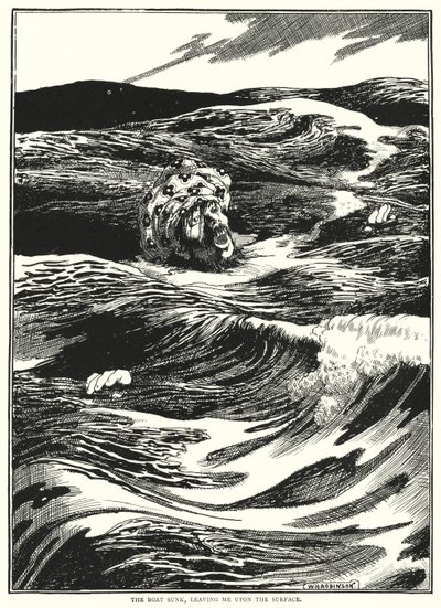 Loď se potopila a nechal mě na hladině (rytina) od William Heath Robinson