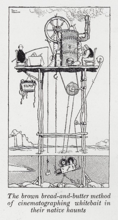 Metoda hnědého chleba s máslem filmování vábničky v jejich domovech (litho) od William Heath Robinson