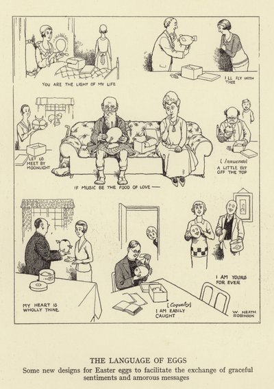 Jazyk vajíček, některé nové návrhy velikonočních vajíček pro usnadnění výměny půvabných citů a milostných zpráv od William Heath Robinson