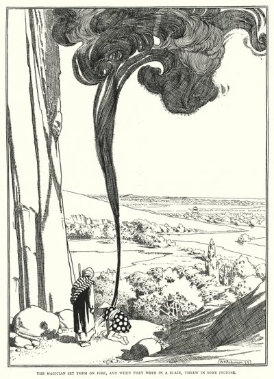 Kouzelník je zapálil, a když byly v plamenech, hodil do nich nějaké kadidlo (rytina) od William Heath Robinson