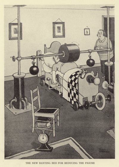 Nová postel Banting pro zmenšení postavy od William Heath Robinson