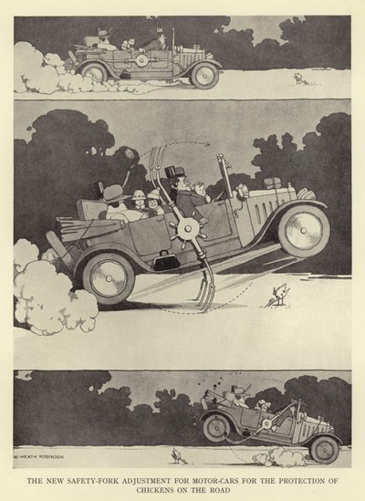 Nová bezpečnostní úprava vidlice pro osobní automobily pro ochranu kuřat na silnici od William Heath Robinson