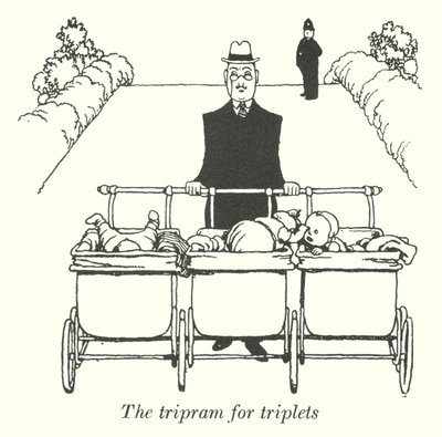 Tripram pro trojčata (litho) od William Heath Robinson