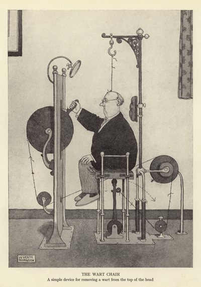 Křeslo pro bradavice, jednoduché zařízení pro odstranění bradavice z temene hlavy od William Heath Robinson