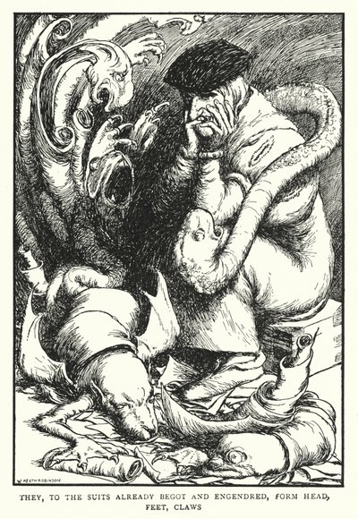 Oni, podle již zplozených a zplodených obleků, tvoří hlavu, nohy, drápy (litho) od William Heath Robinson