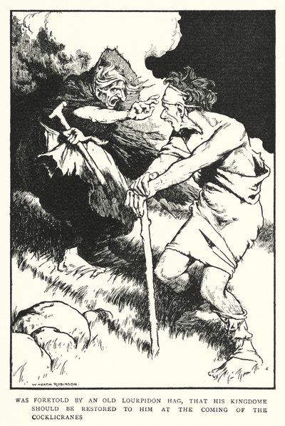 Bylo předpovězeno starou ježibabou z Lourpidona, že jeho království by mu mělo být obnoveno při příchodu Cocklicranes (litho) od William Heath Robinson