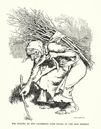 Sbíral a sbíral nějaké klacky ve zmíněném lese (litho) od William Heath Robinson