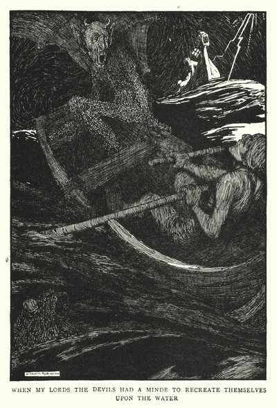 Když moji páni, ďáblové měli v úmyslu znovu se vytvořit na vodě (litho) od William Heath Robinson