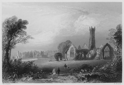 Augustiniánské opatství, Adare, s hradem Fitzgeraldů a Francescan Abbey (rytina) od William Henry (after) Bartlett