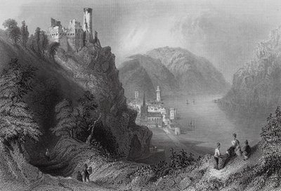 Oberwesel a hrad Schomberg (rytina) od William Henry (after) Bartlett