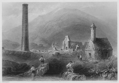 Round Tower, atd., Glendalough, County Wicklow (rytina) od William Henry (after) Bartlett
