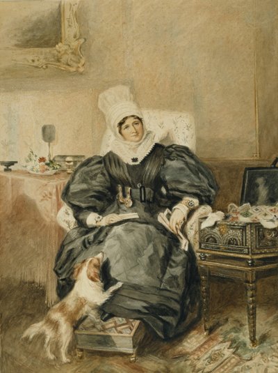 Portrét dámy u stolu se psem (akvarel na papíře) od William Henry (after) Hunt