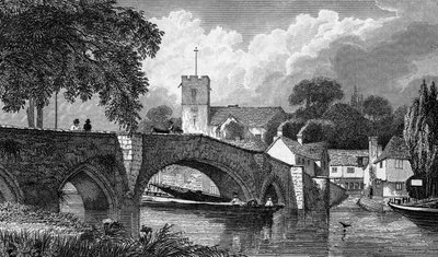 Aylesfordský kostel a most, vyryl B. Winkles, vydáno 1829 od William Henry Bartlett