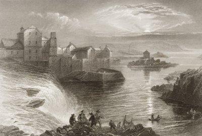 Ballyshannon, hrabství Donegal, z „Scenérie a starožitnosti Irska“ od George Virtue, 60. léta 19. století od William Henry Bartlett
